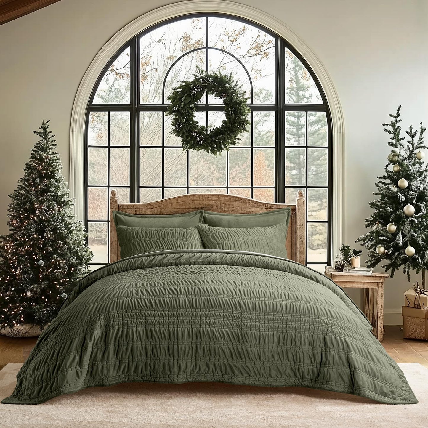 EVERGRACE Velvet Quilt King Size Luxury Velvet Bedding Set Ultra Soft Quilt Sets Lightweight Velvet Comforter Textured Ruched Velvet Bedspread Coverlet with 2 Shams for All Season Olive Green