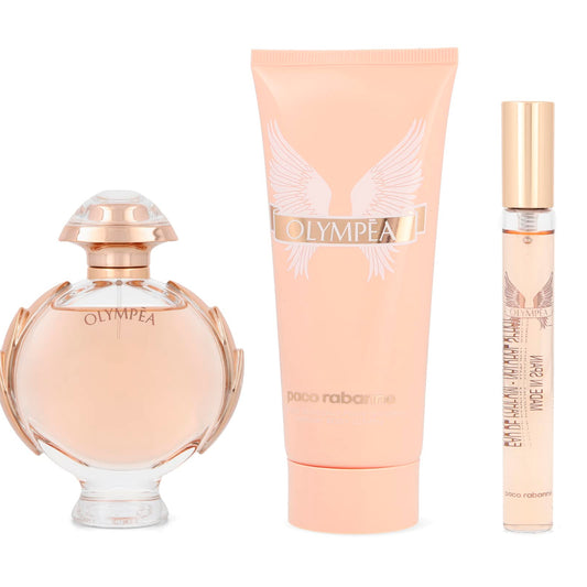 Dluxe Ave. Paco Rabanne Olympea 3-Piece Set for Women/  2.7 Oz Eau De Parfum Spray/ 3.4 Oz Body Lotion/  0.33 Oz Eau De Parfum Travel Spray)