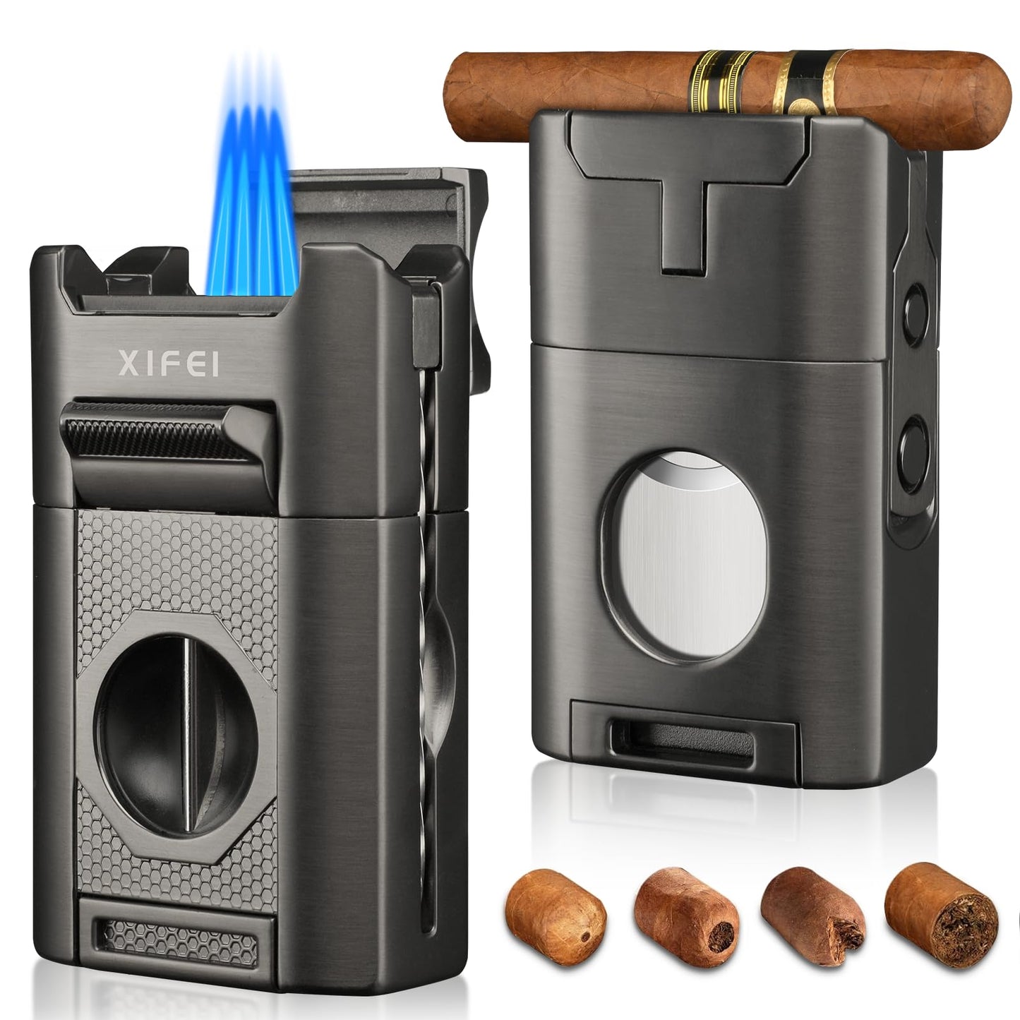 Dluxe Ave.  6-in-1 Cigar Lighter Desktop Torch Lighter with Straight V-Cut Cigar Cutter Dual Punch, (Gray)