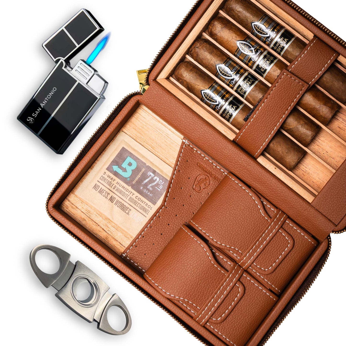 Dluxe Ave. Travel Cigar Humidor Case / Leather Cigar Case/ Cigar Lighter And Cutter