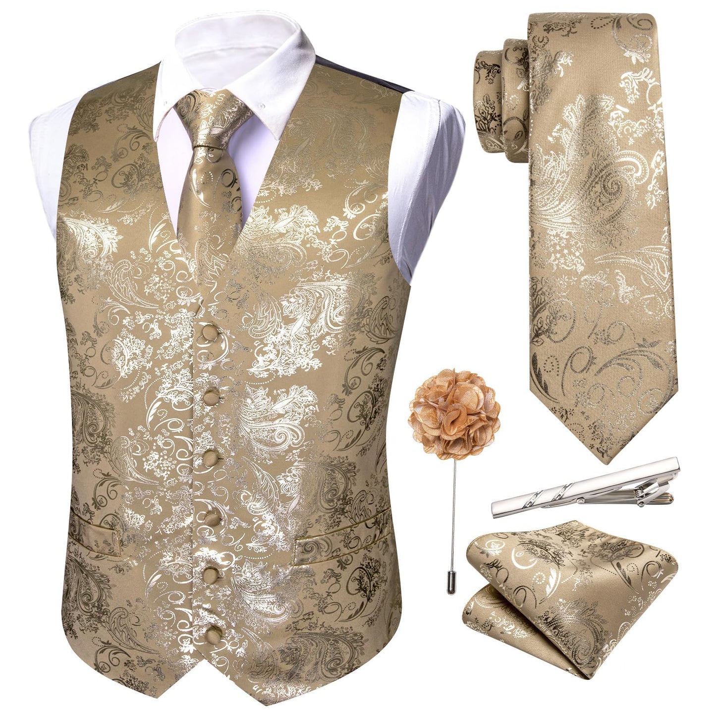 Dluxe Ave (3X-LARGE) Mens Vest Tie Set/ Waistcoat Handkerchief Cufflink Clip Brooch 6pcs/ Shiny Gold