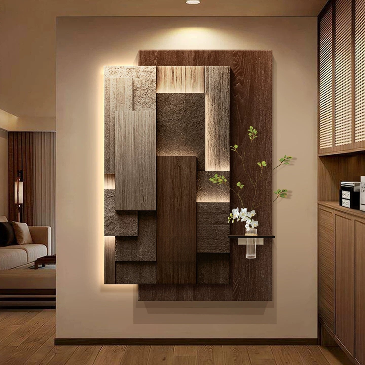 Abstract 3D Wall Art with Hydroponic Plants