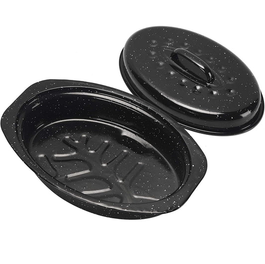 Dluxe Ave. 13 Inch Small Roasting Pan with Lid, Oval Roaster, Enamel Carbon Steel