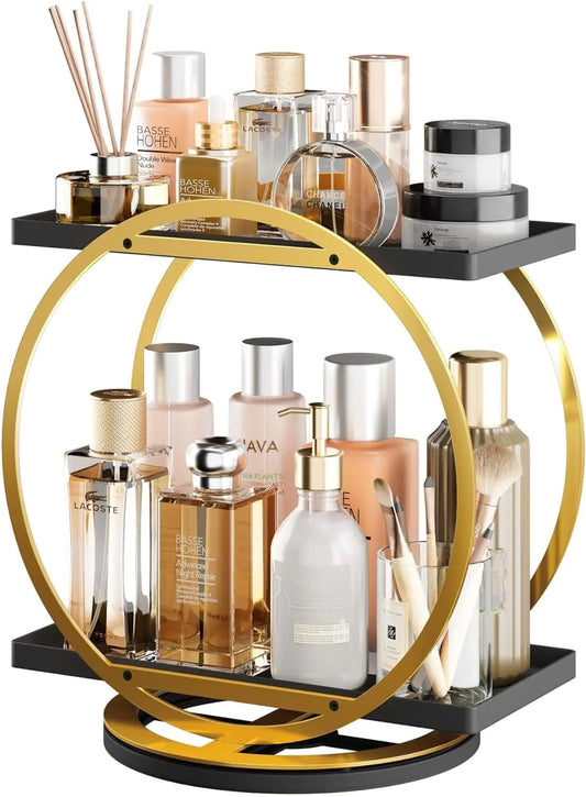 Dluxe Ave. Perfume Organizer for Dresser 360 Rotating Makeup Organizer for Vanity 2 Tier Large Capacity Bathroom Counter Organizer Cosmetic Skincare Storage Countertop Holder for Bedroom Kitchen(Black Gold)