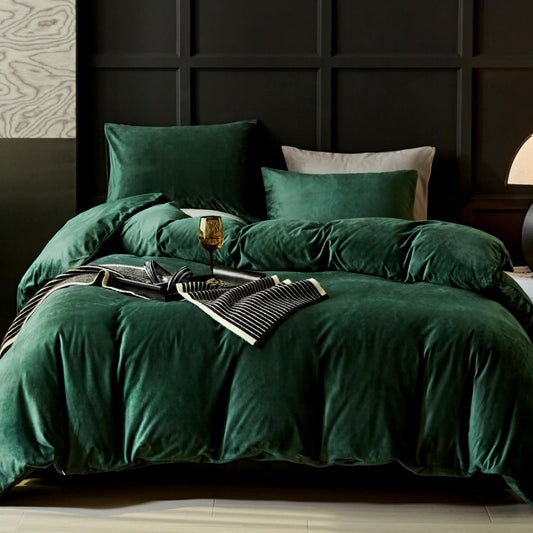 Dluxe Ave. ( QUEEN ) 3 Pcs Emerald Green Velvet {Duvet Cover} Bedding, Ultra Soft Luxury Textured, Modern Crystal Velvet