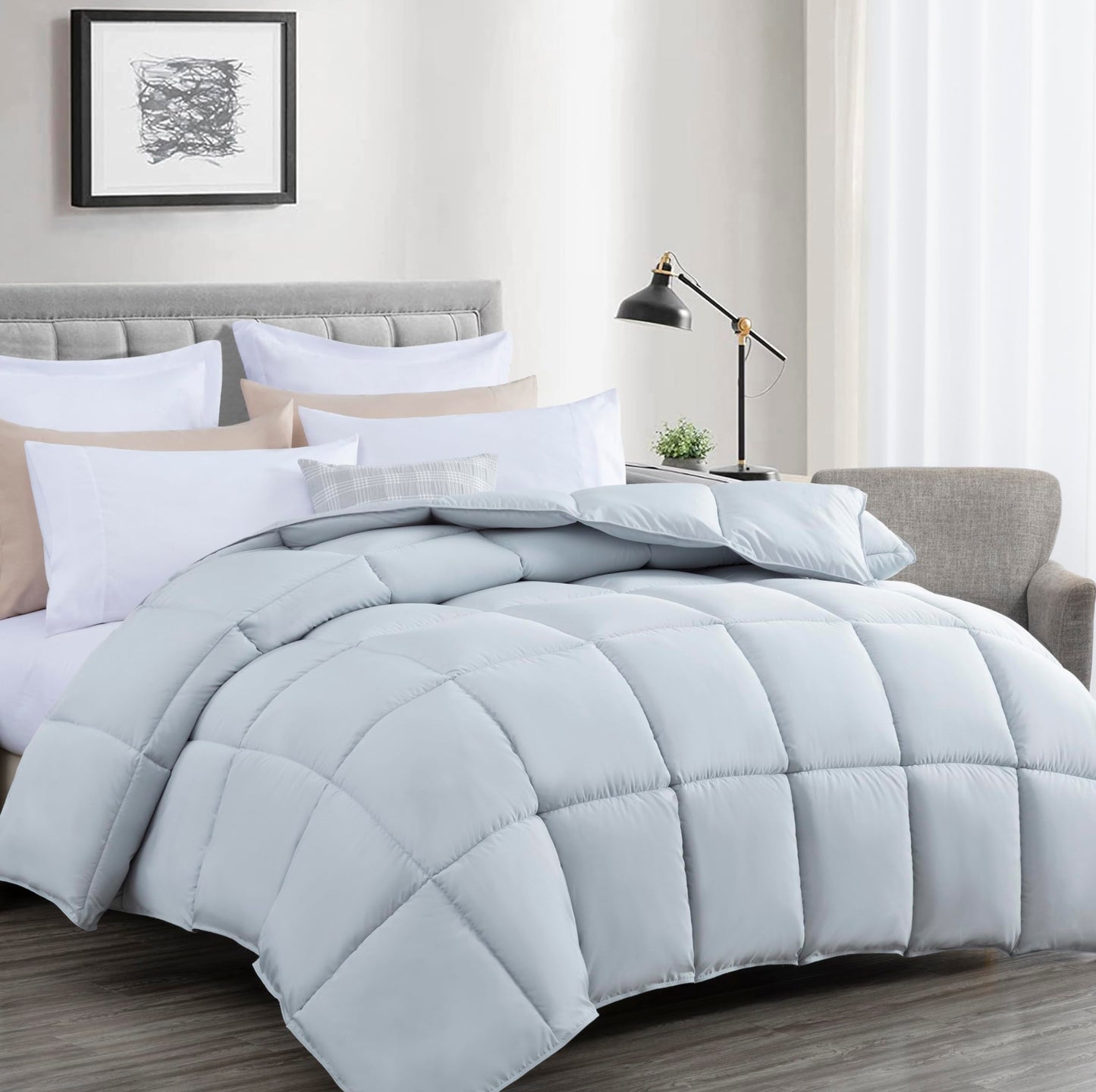 Dluxe Ave. ( QUEEN ) Comforter for All Season/ Down Alternative Plush Microfiber Fill Box Stitch Quilted/ Silver Gray