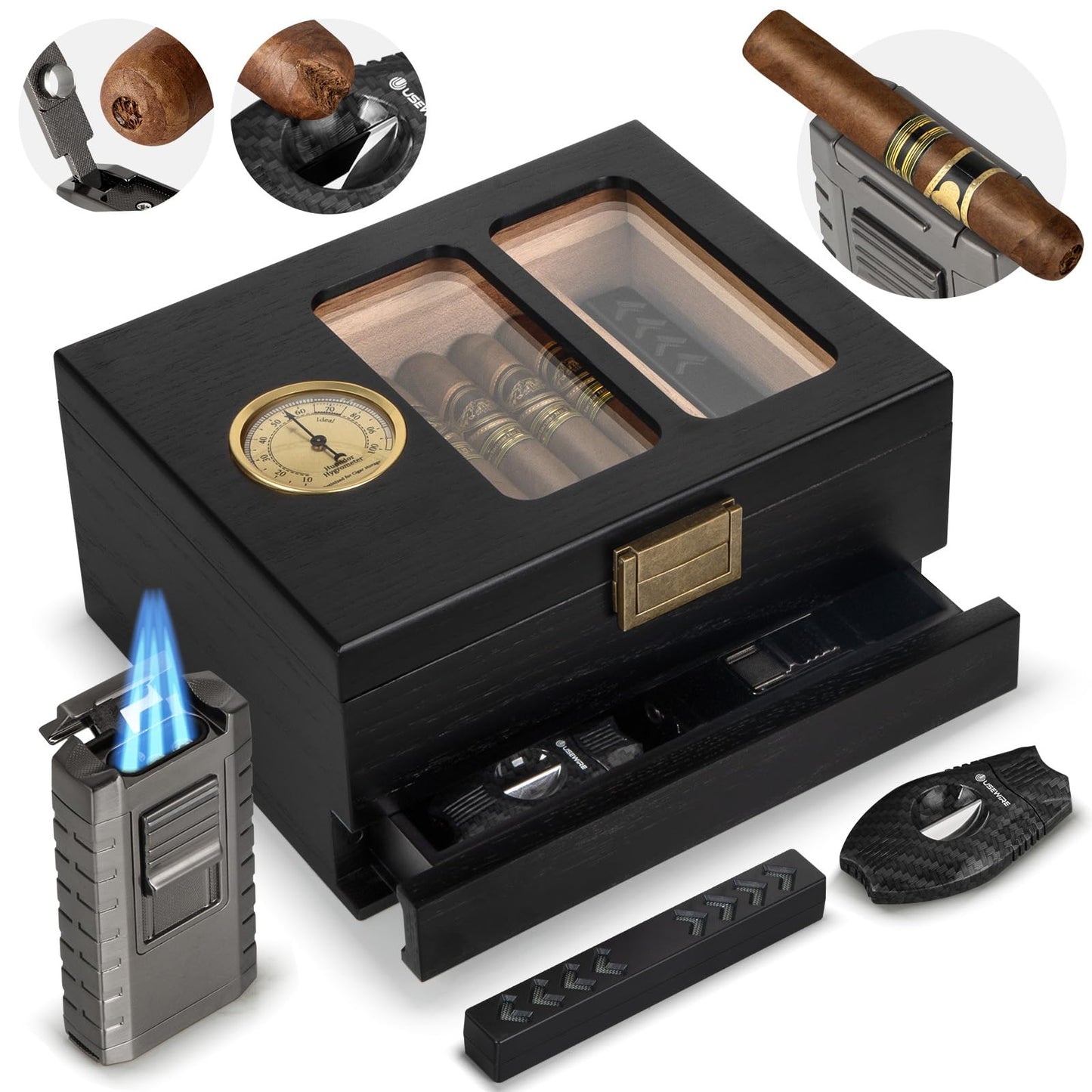 Dluxe Ave. Cigar Humidor Glass Top Cedar Wood/ Box for Men