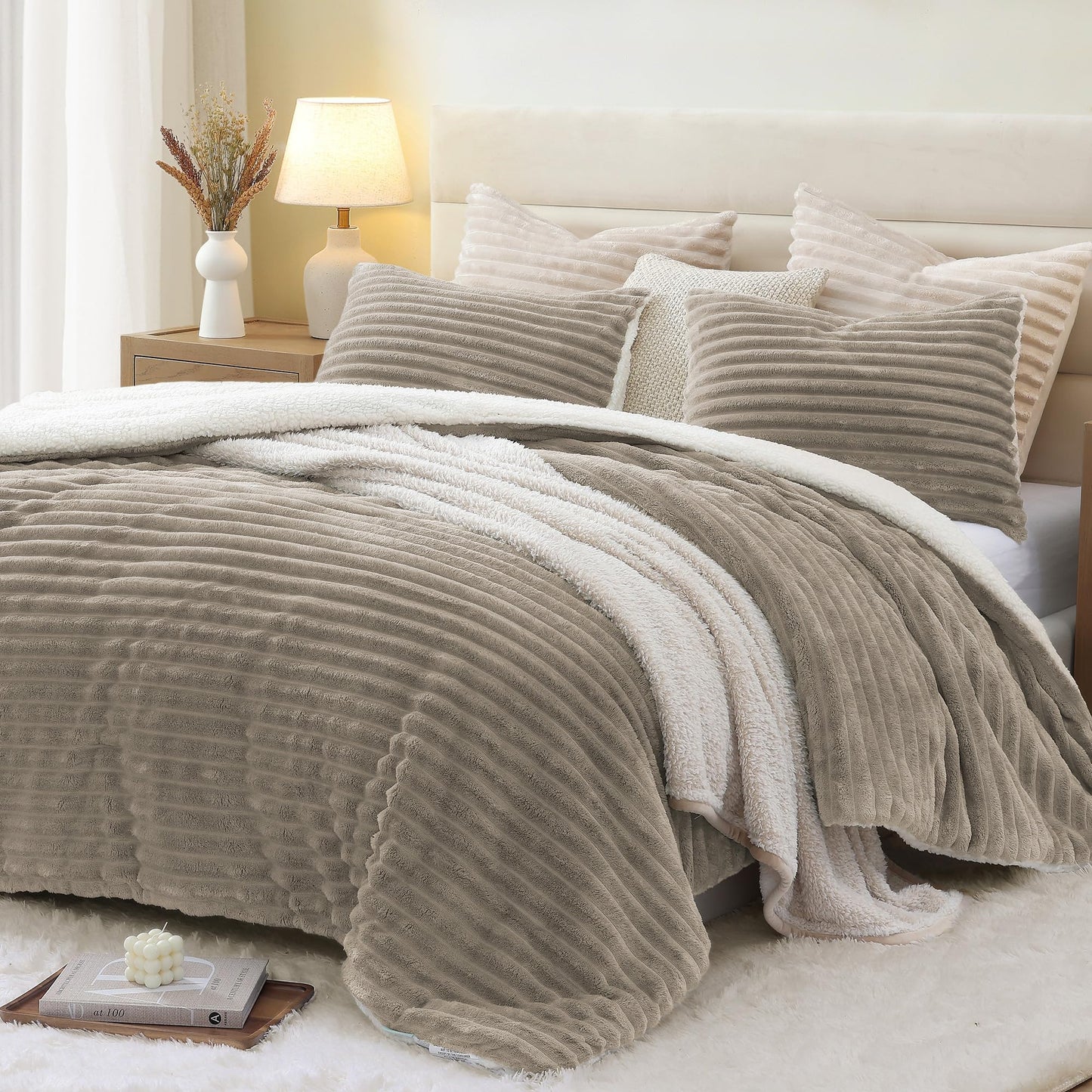 Dluxe Ave. ( QUEEN ) 3 Pcs Comforter Set.Ultra-Soft Sherpa Fleece/ Taupe