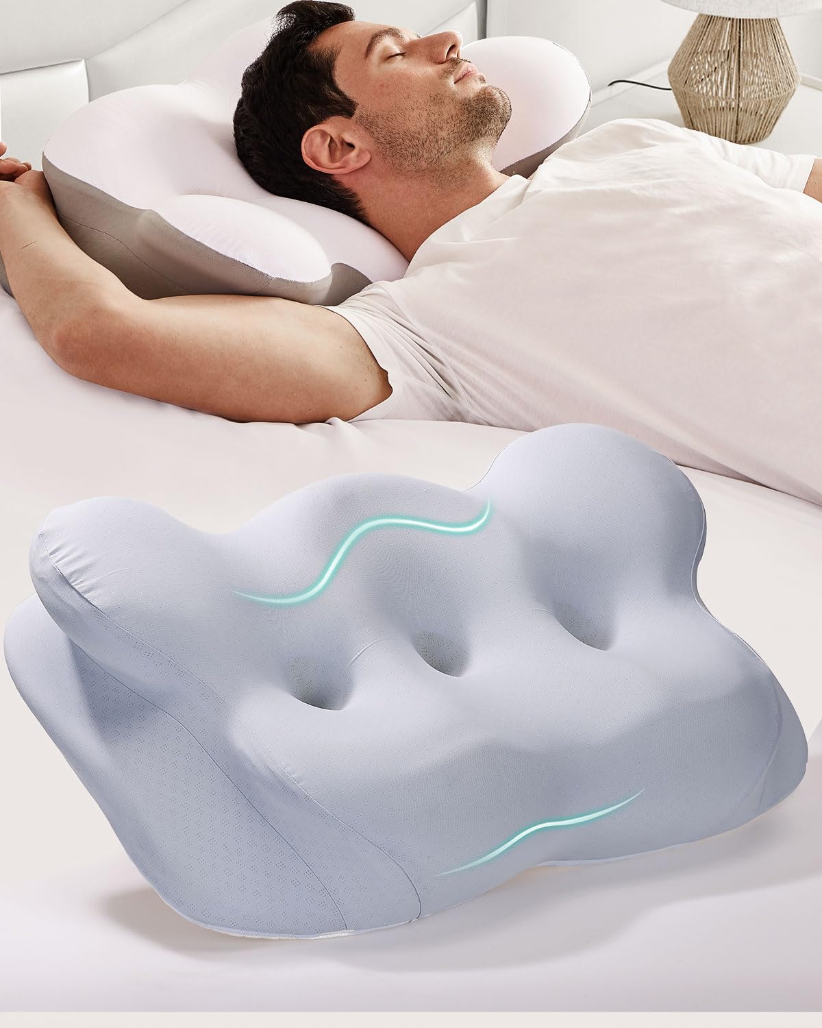 Dluxe Ave.Cervical Neck Pillow Memory Foam Pillows for Neck Pain Relief, Light-Blue 24" L x 14" W