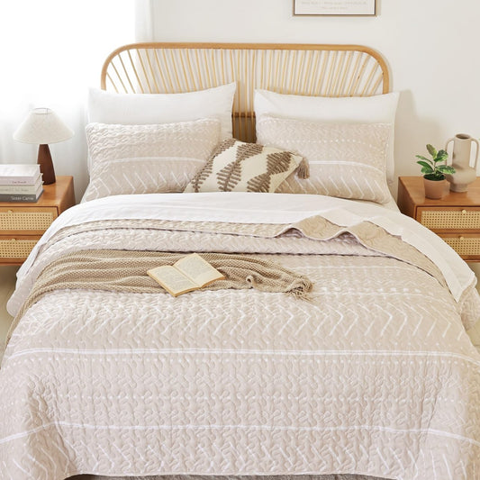 Dluxe Ave. ( QUEEN ) 3 Pcs Rice White Bedspreads, Boho Bedding Bedspreads, Soft Quilt, Lightweight/ Beige