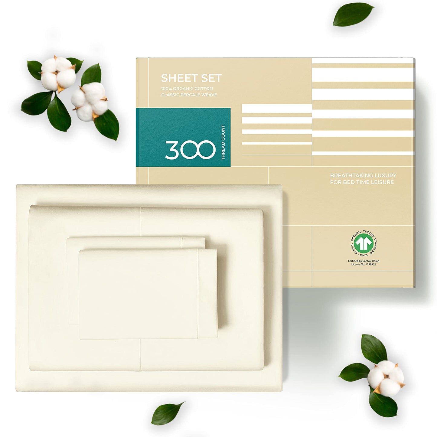 Dluxe Ave. ( TWIN ) 3 Pcs 100% Organic Cotton Bed Sheet Set, Deep Pocket with All-Around Elastic, Ivory