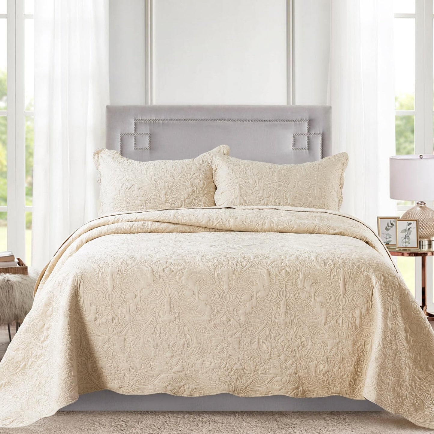 Dluxe Ave. ( KING ) 3 Pcs Quilt Set/ Embroidered Microfiber Bedspread/ Reversible Lightweight Paisley Pattern/ Khaki