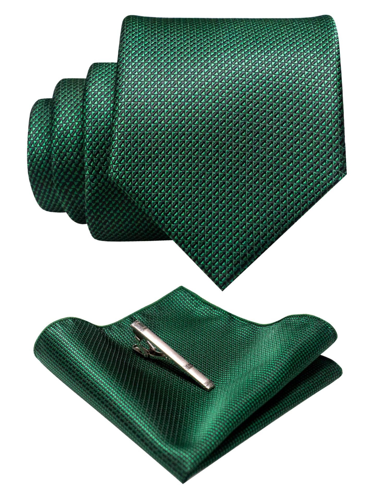 Dluxe Ave. Mens Woven Emerald Green Tie and Pocket Square with Tie Bar Sets