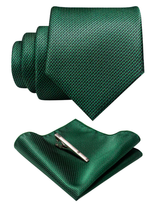 Dluxe Ave. Mens Woven Emerald Green Tie and Pocket Square with Tie Bar Sets