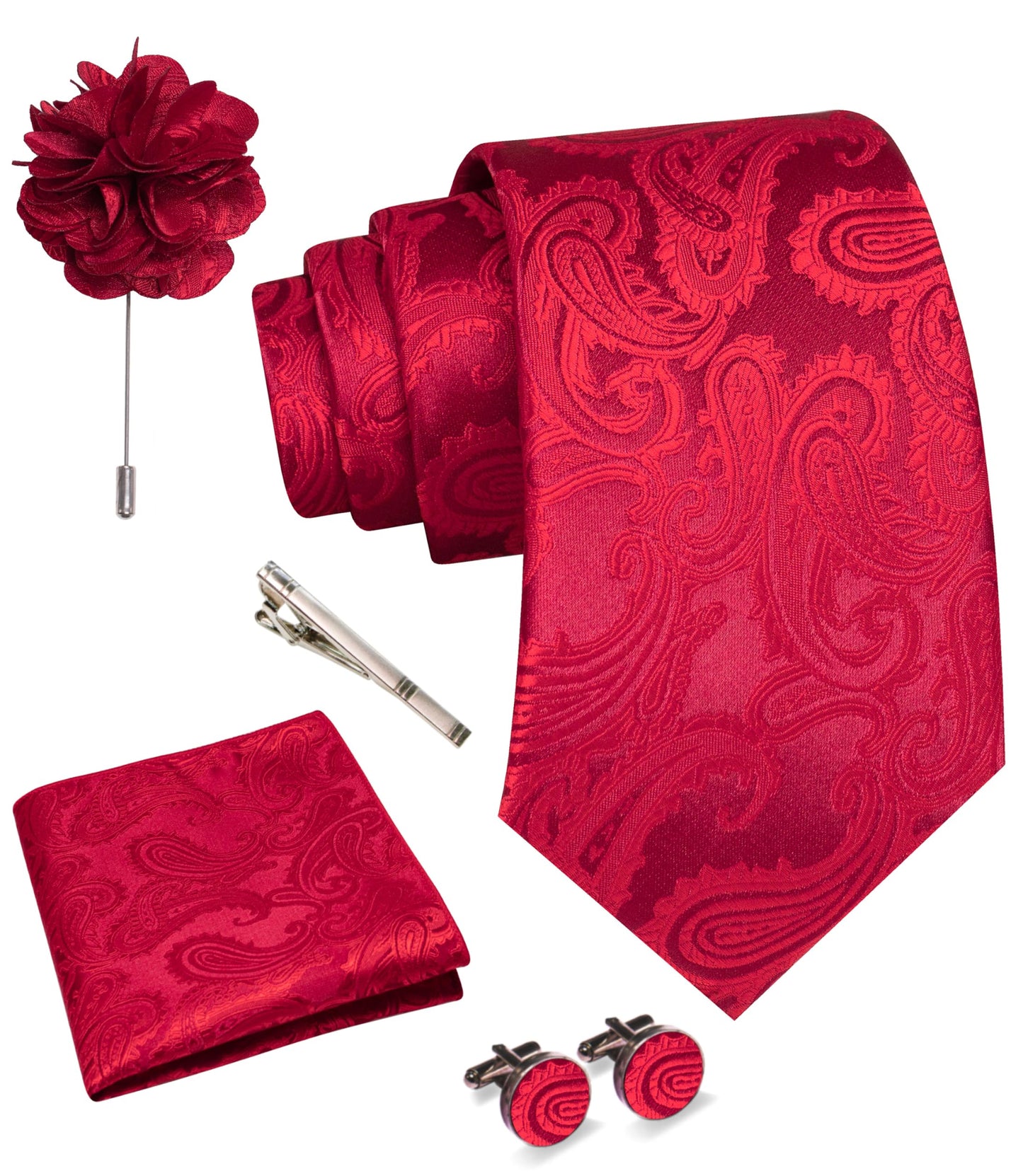 Dluxe Ave. Mens Red Paisley Tie Necktie and Pocket Square with Lapel PinCufflinksTie Clip Sets 5PCS