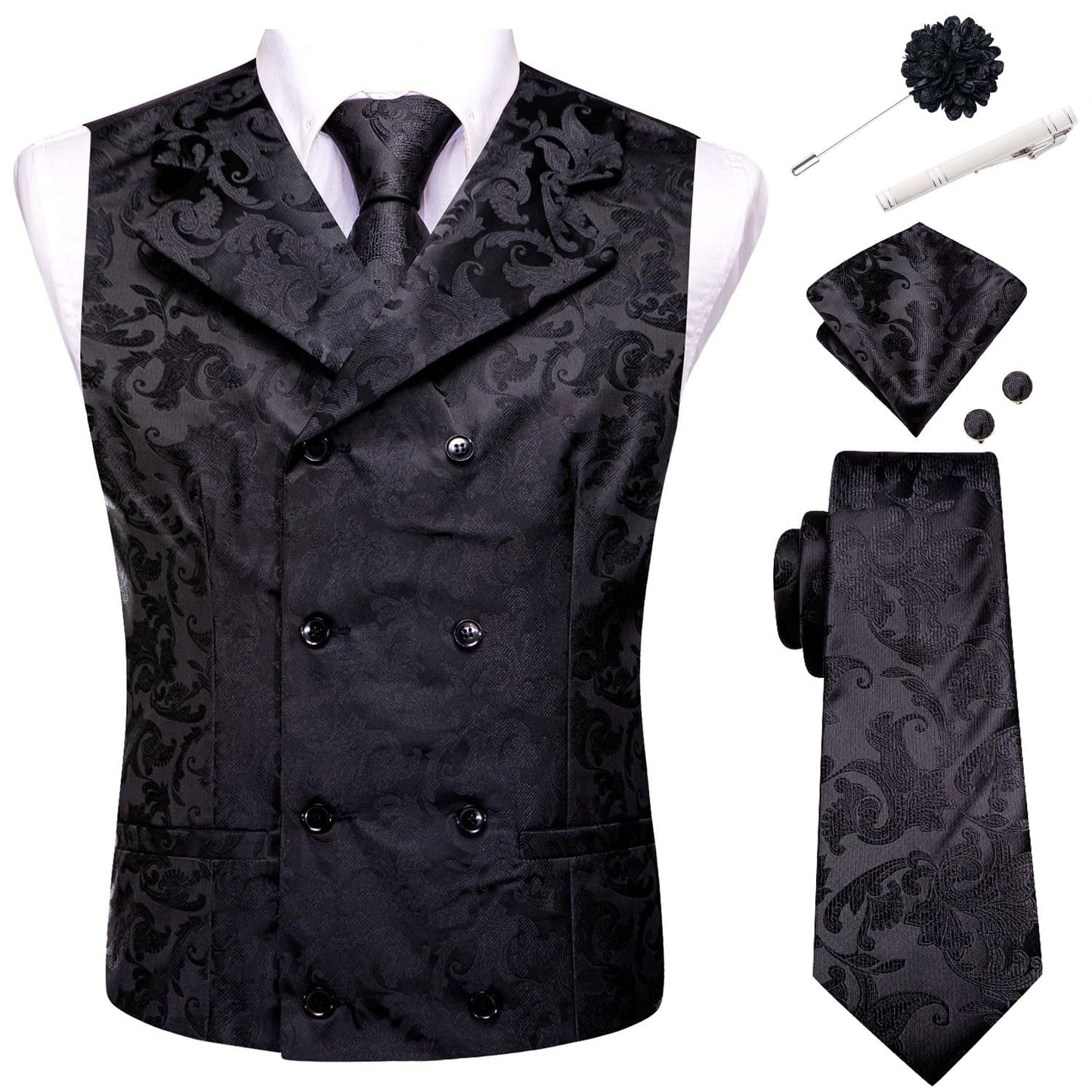 Dluxe Ave. (LARGE) Mens Double-Breasted Suit Vest Tie set/  Waistcoat and necktie Handkerchief Cufflinks/ Black