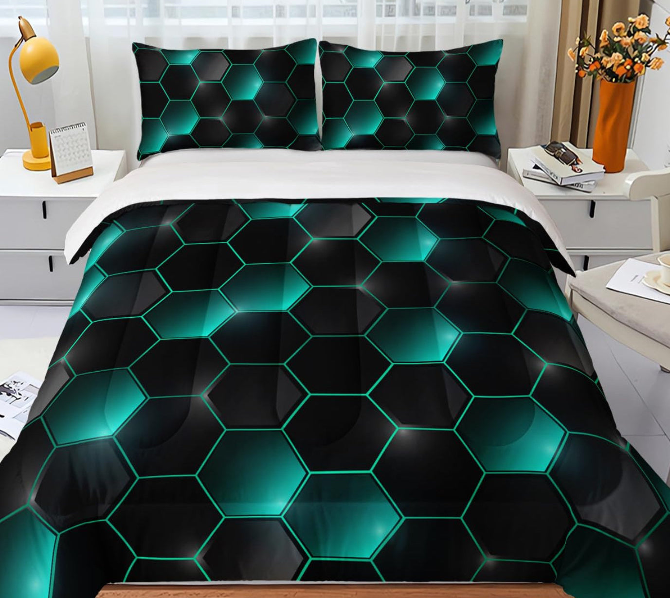 Dluxe Ave.  ( TWIN ) 3 Piece Bedding Set,  Black Green, for All Season