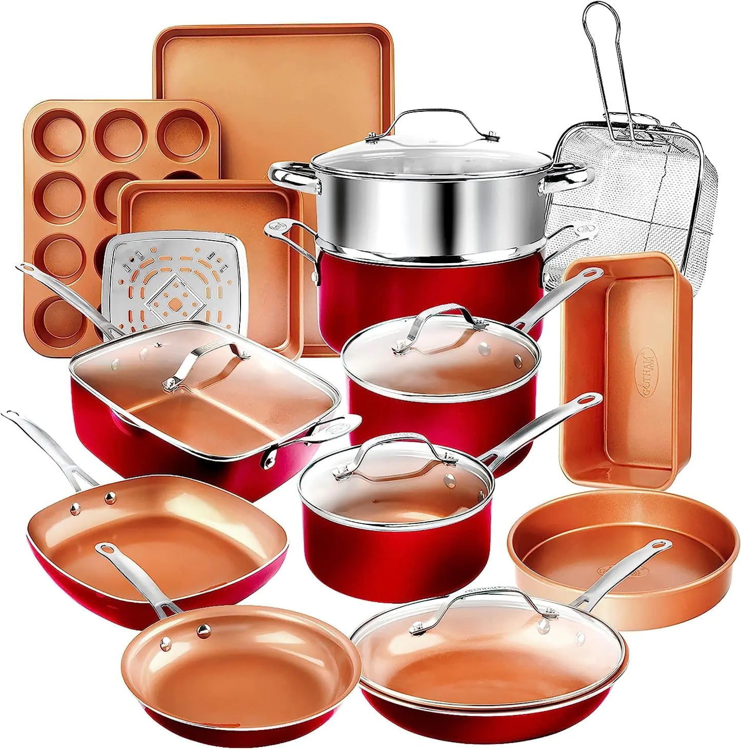 Dluxe Ave. Gotham Steel 20 Pc Pots and Pans Set Nonstick Cookware Red