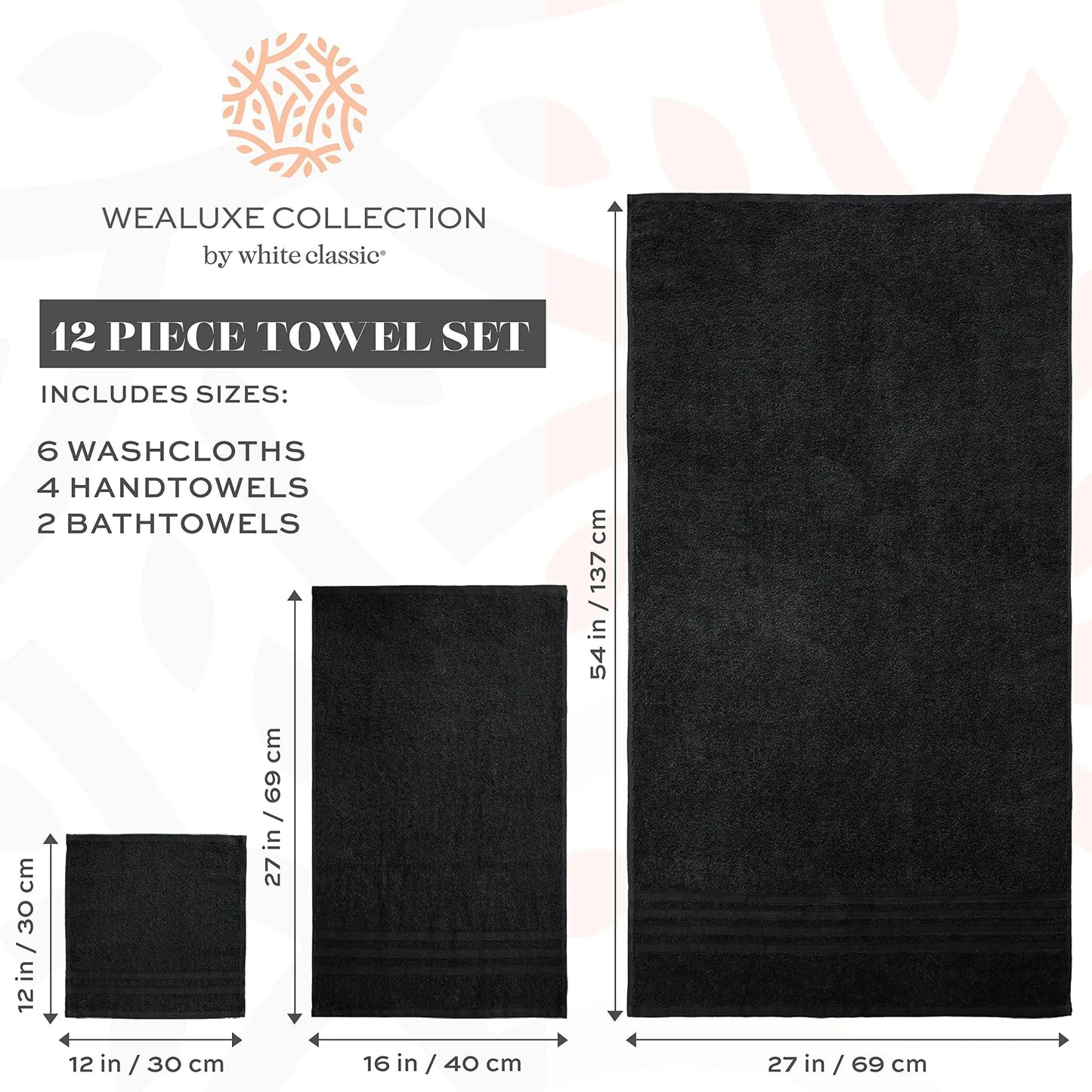 Dluxe Ave. 100% Cotton Soft Bath Towel Set, 12 Pcs (Black)