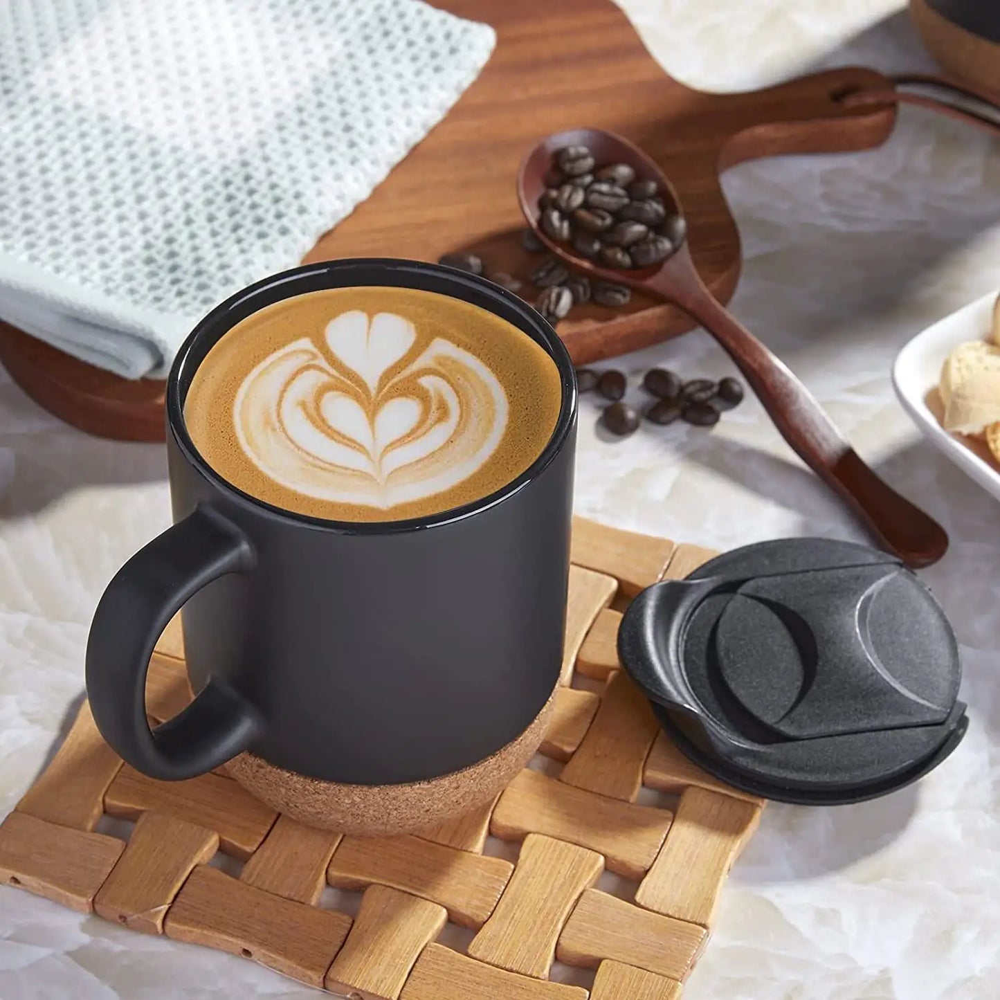 Dluxe Ave. 15oz Insulated Ceramic Cup Cork Bottom Large Lid Coffee Mug - Black