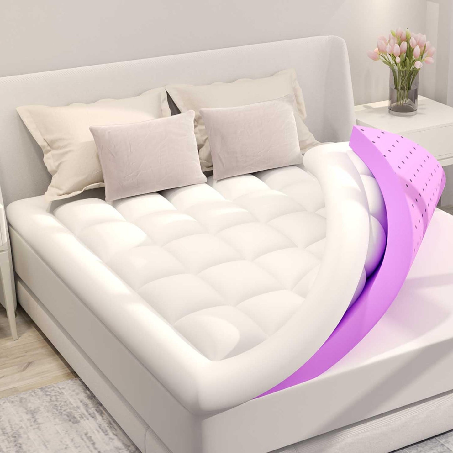 Dluxe Ave. ( QUEEN ) Dual Layer 4 Inch Memory Foam Mattress Topper, 2 Inch Gel Memory Foam, Plus 2 Inch Down, Alternative Quilted Pillow, White