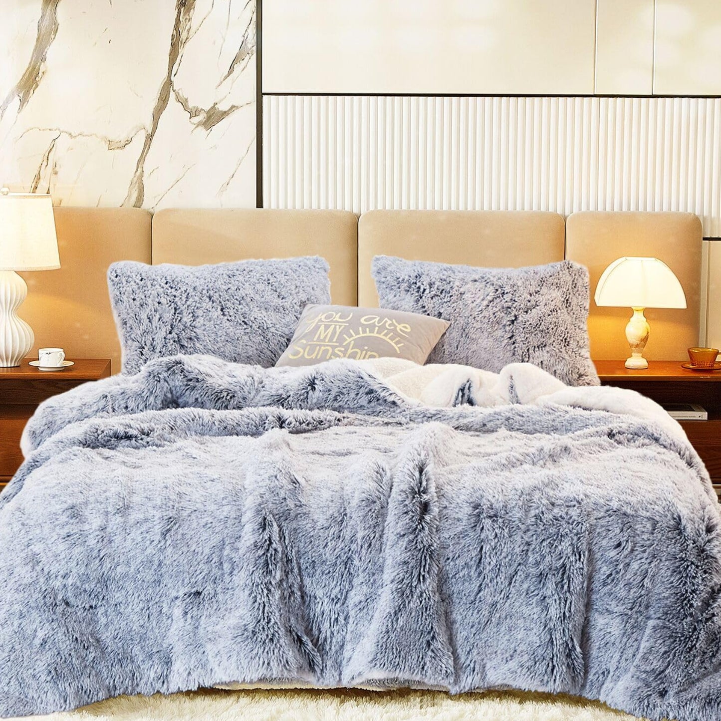 Dluxe Ave. ( KING ) 3 Pcs Luxury Faux Fur Shaggy Comforter Set/ Plush & Sherpa Reversible/ Grey with White