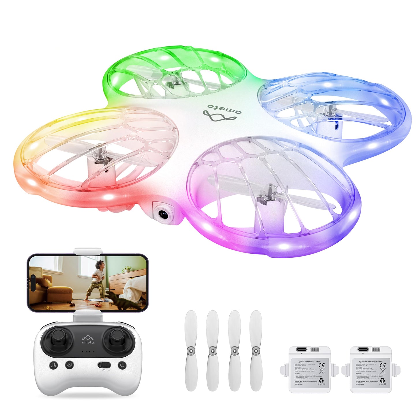 Ameta RC Drones for Kids Adults with 1080P HD FPV Camera Cool Toys Gifts for Boys Girls Hobby RC Quadcopter with Cool LED Light Propeller Full Protect and Long Flight Time Morpho Drone with Camera
