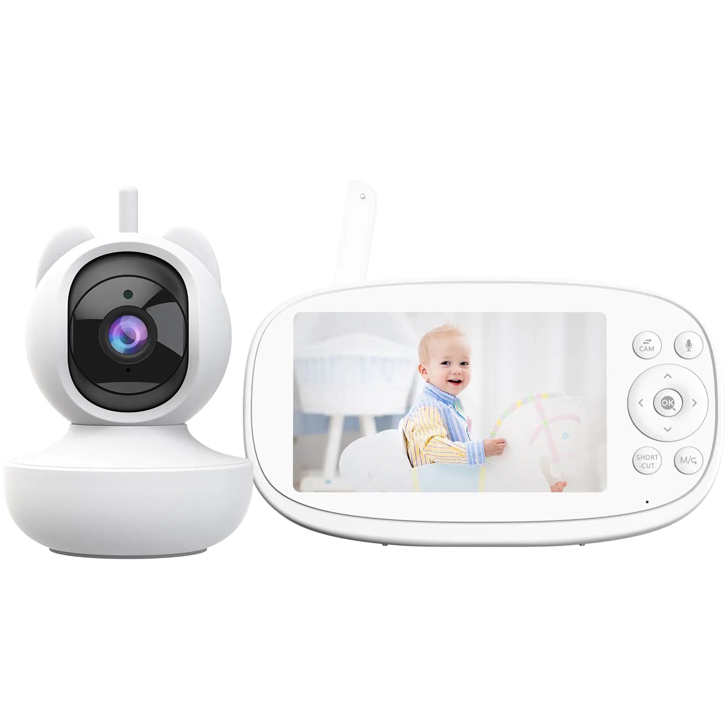 Dluxe Ave. VIZOLINK Baby Monitor 5.5" Split-Screen 2-Way Talk Video Baby Monitor with Camera and Audio Auto Motion Tracking Al Virtual Fence Local Video Playback Cry Detection 5X ZoomVOX No WiFi (White)