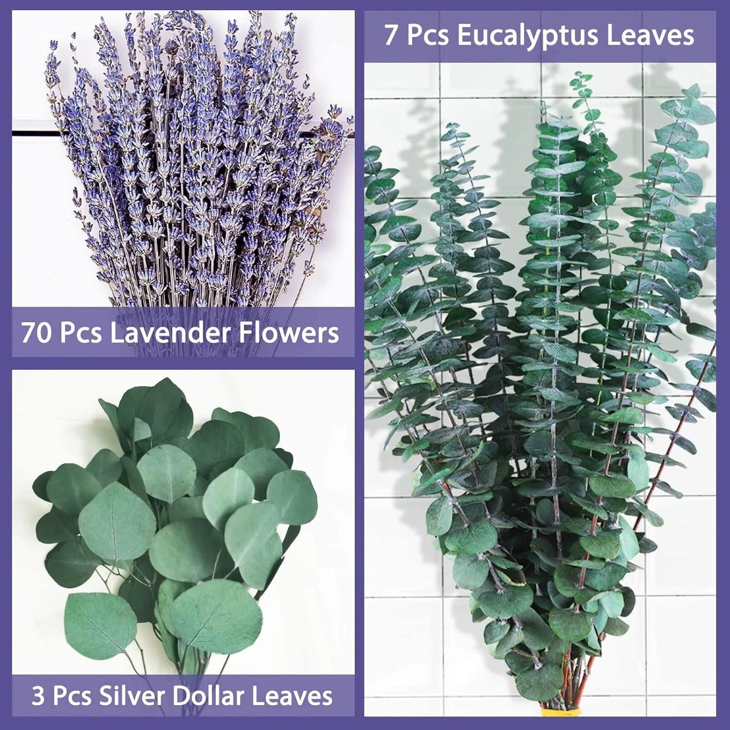 Dluxe Ave. 80 PCS Large Dried Preserved Eucalyptus Stems & Lavender Flowers Bundle, Hanging (Silver)