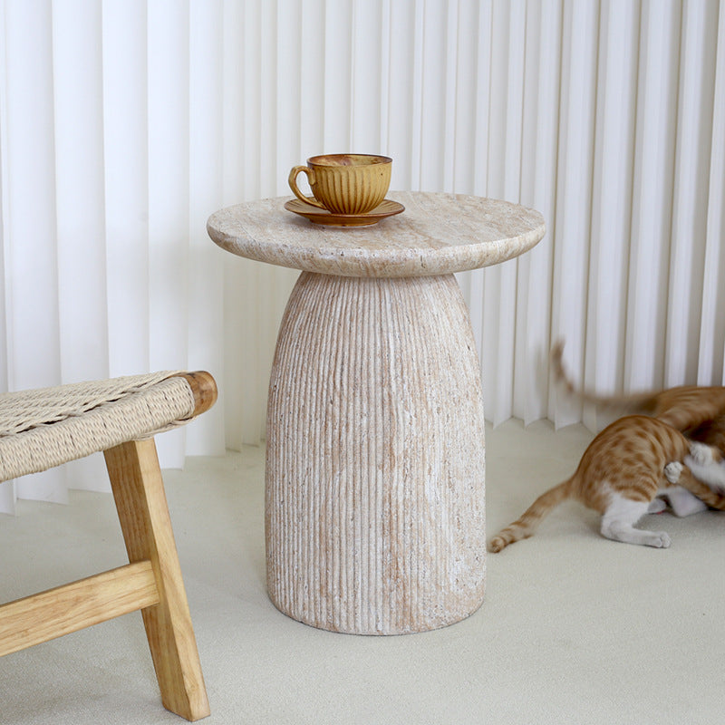 Modern Round Corner Side Table with Imitation Travertine Finish
