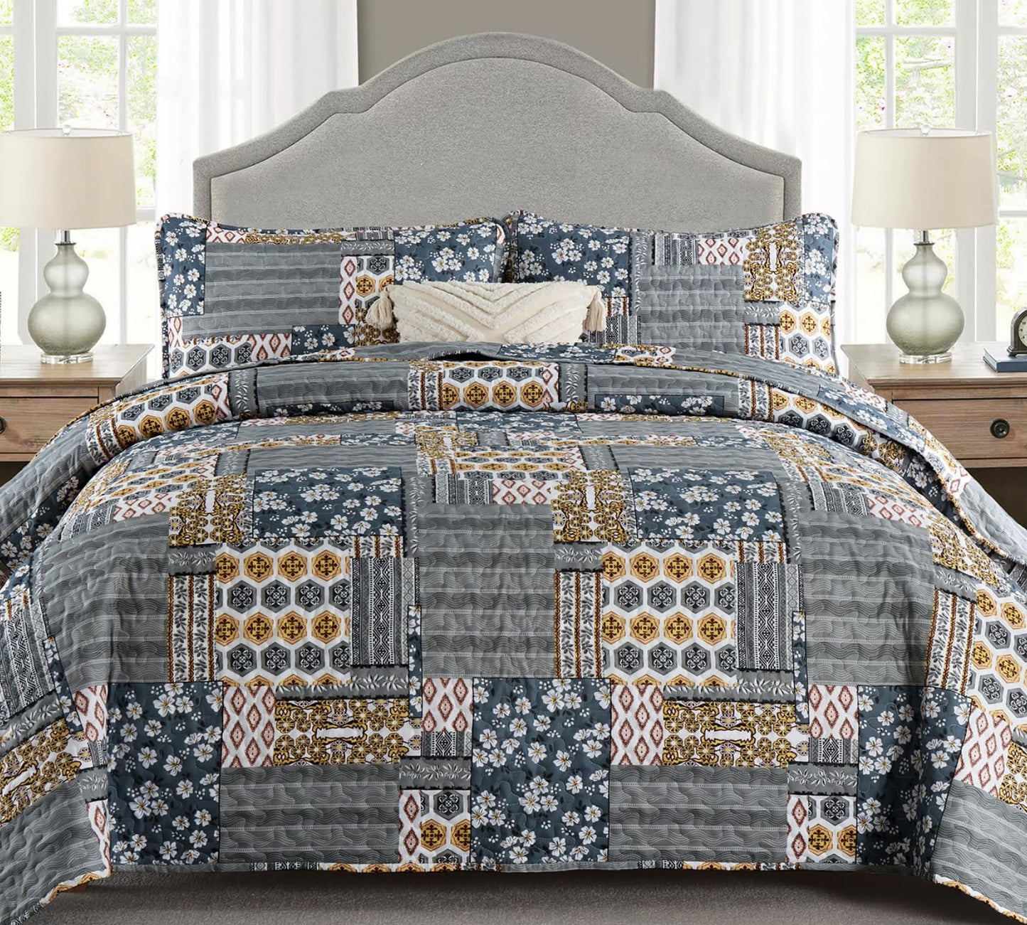 Dluxe Ave. (KING) Dark Grey Quilt Set 3 Pieces/ Plaid Floral/ for All Season, 110"x90"