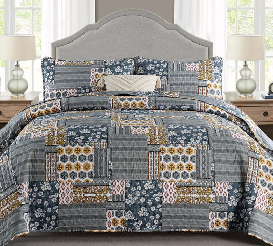 Dluxe Ave. (KING) Dark Grey Quilt Set 3 Pieces Plaid Floral Bedspread Set for All Season, 110"x90"