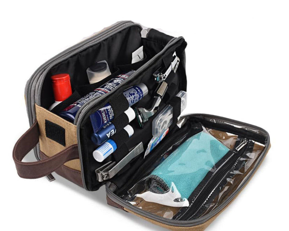 Dluxe Ave. Large Mens Toiletry Travel Bag/ Leather and Canvas/ Brown