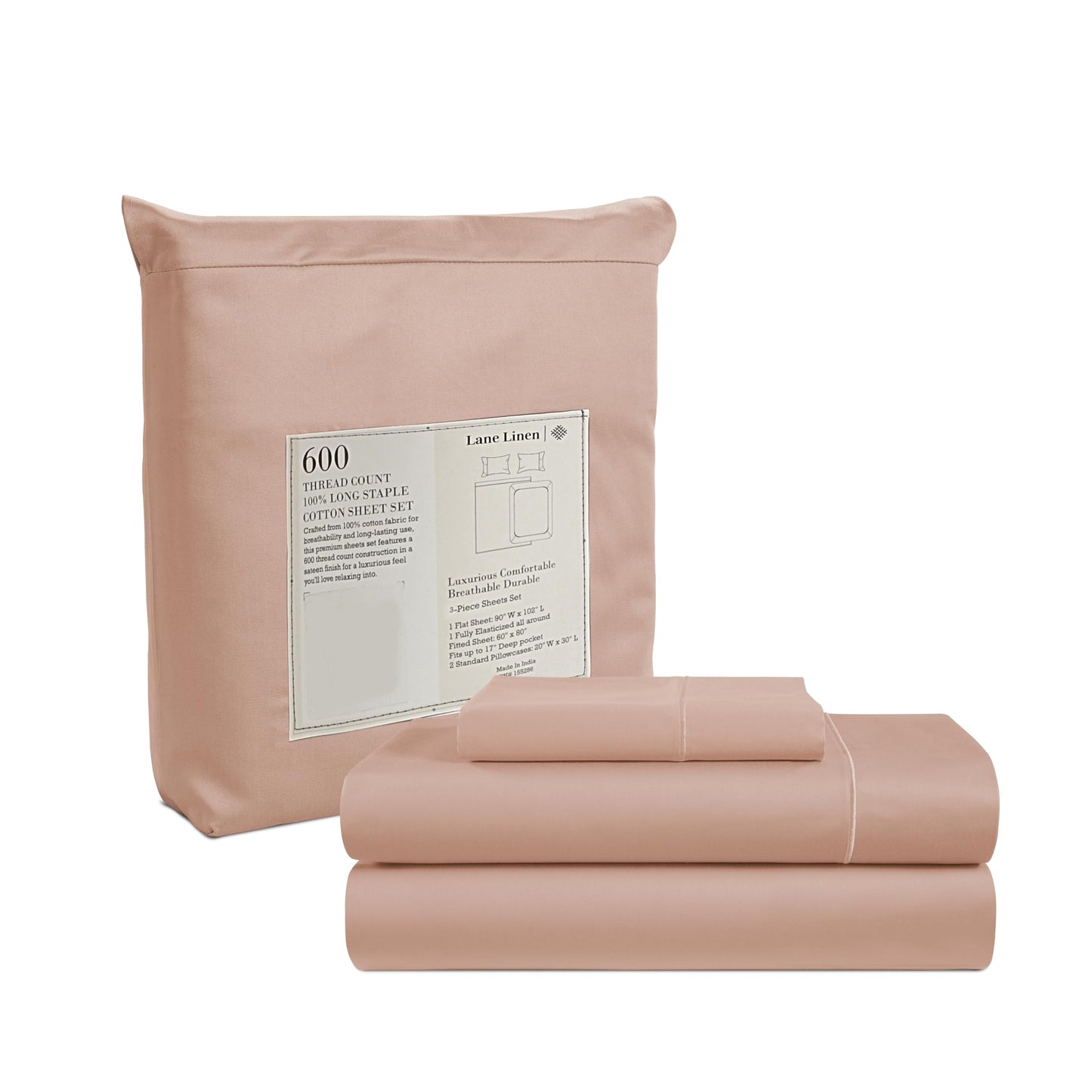 Dluxe Ave. ( TWIN ) 3 Pcs Bed Sheets Set/ 600 TC 100% Cotton/ Sateen Weave/ Hotel Luxury/ Dusty Rose