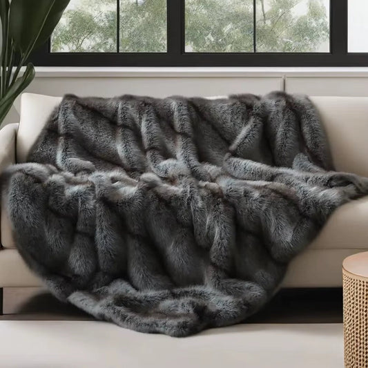 Dluxe Ave. High-End Faux Fur Blanket, Elegant Plaid Design for Beds and Sofas