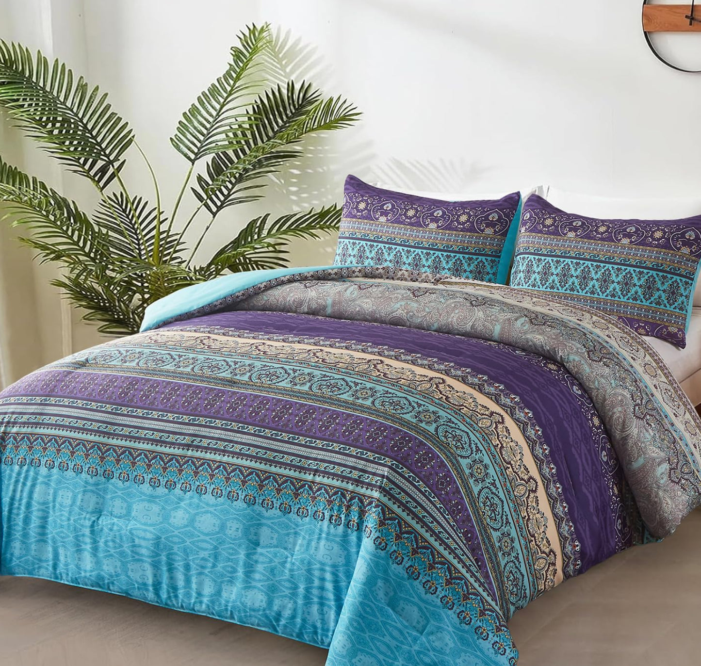 Dluxe Ave. (QUEEN) Comforter Set 3 Pieces Striped Bohemian Printed Set(Purple 90"x90")