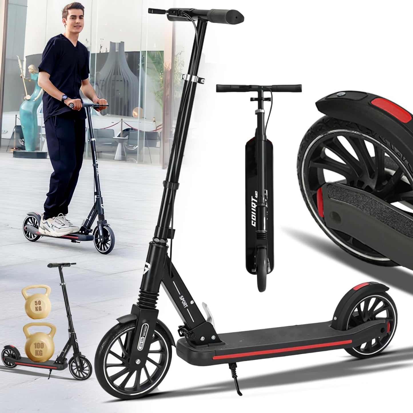 Dluxe Ave. CUIOT Commuter Adult Scooter 330 lbs Capacity 8IN Solid Tires Big Wheels Scooters 3 Handle Height Adjustable Levels with Double Braking System Foldable ScooterKick Scooter for Ages 6+Black