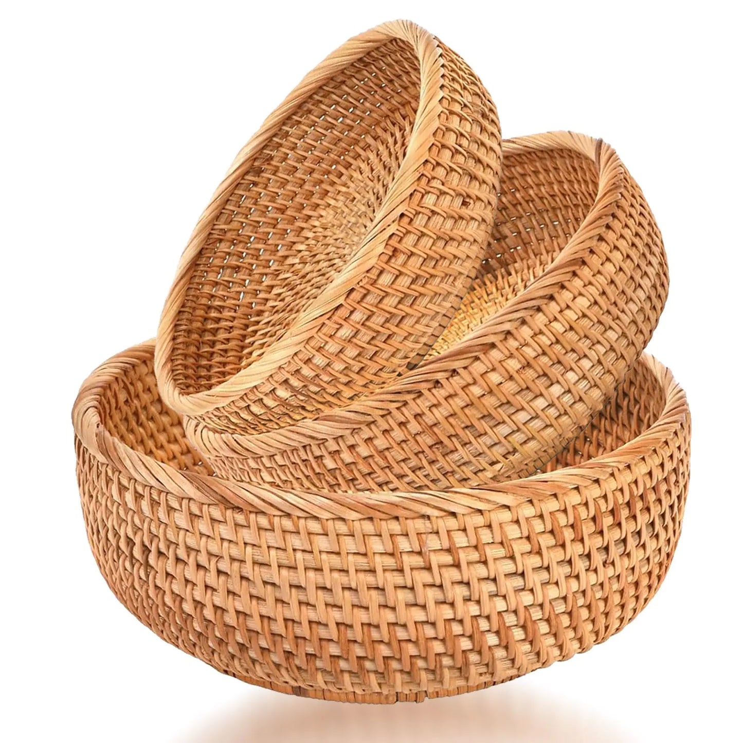 Dluxe Ave. Round Rattan Bread Baskets / Hand Woven Wicker Fruit Basket for Table Set of 3
