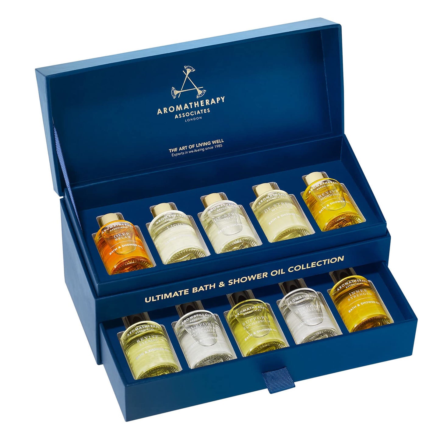 Dluxe Ave. Aromatherapy Associates Ultimate Wellbeing Bath and Shower Oils Premium Natural Body Oil Collection in a Decorative Gift Box 10 Hydrating Body Oils 0.3 Oz Each