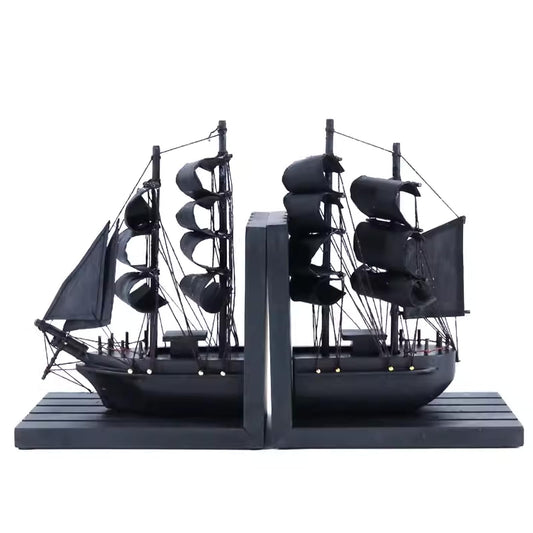 Dluxe Ave. Wooden Ship bookends The Black Pearl Pirate 10" Prebuilt Caribbean Coastal Sailboat Decor