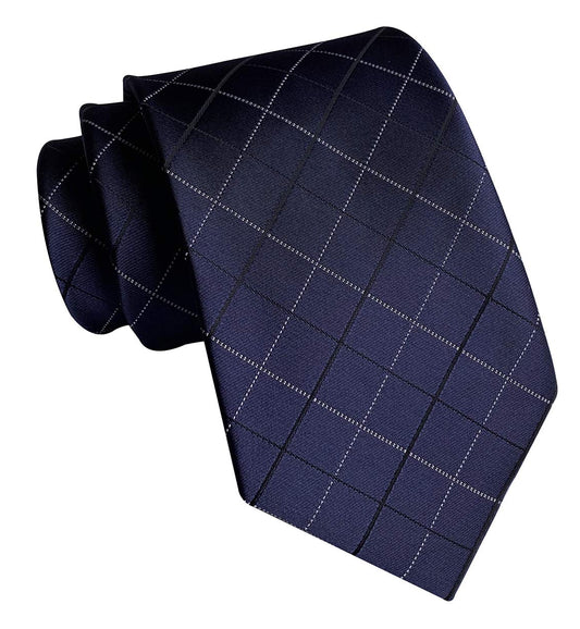 Dluxe Ave. Mens Urban Plaid Checks Patterned Silk Neckties/ Navy Blue