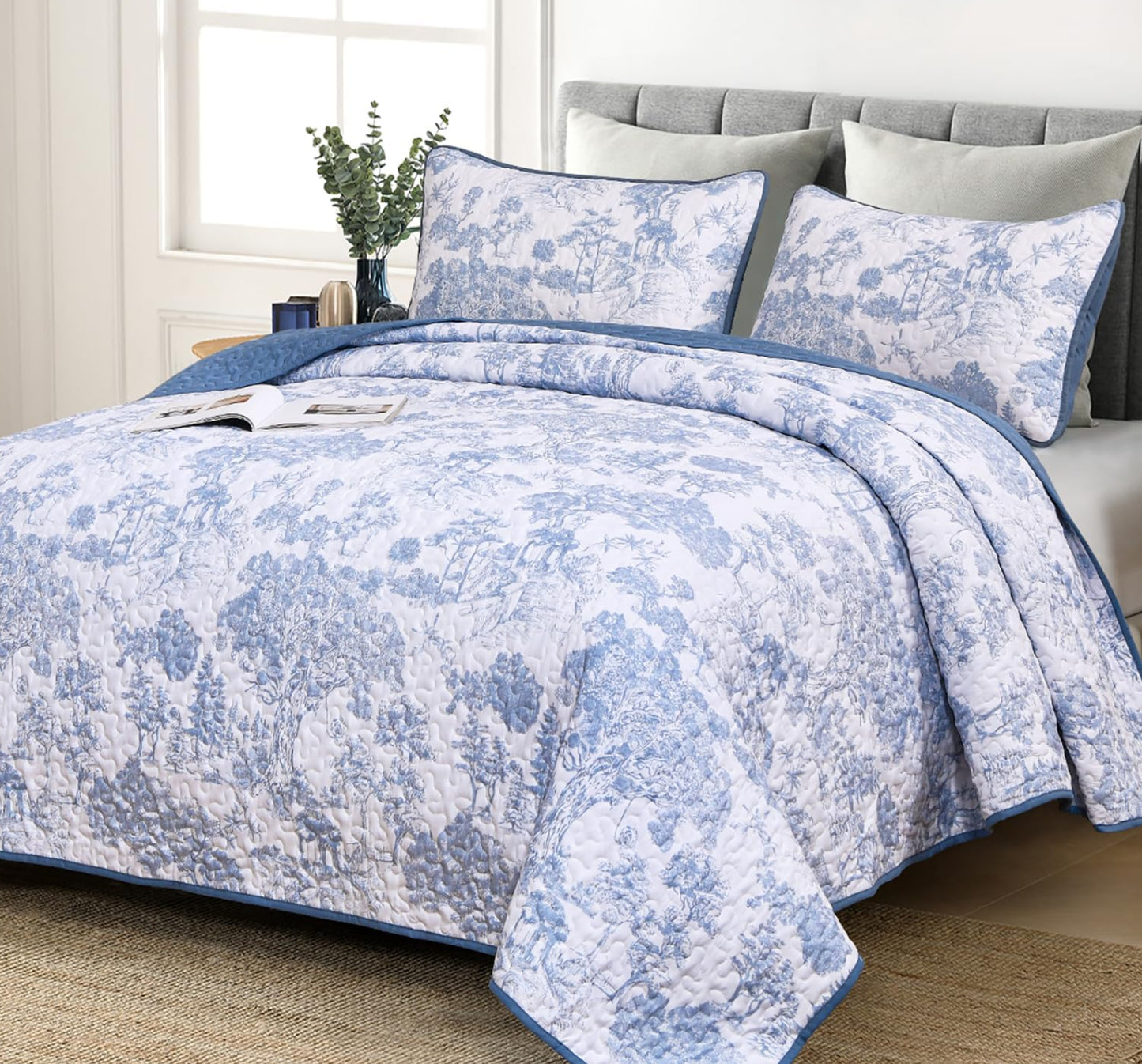 Dluxe Ave. ( FULL)  Blue Quilt 3 Pieces Botanical Bedspreads Set/ for All Seasons/  Blue