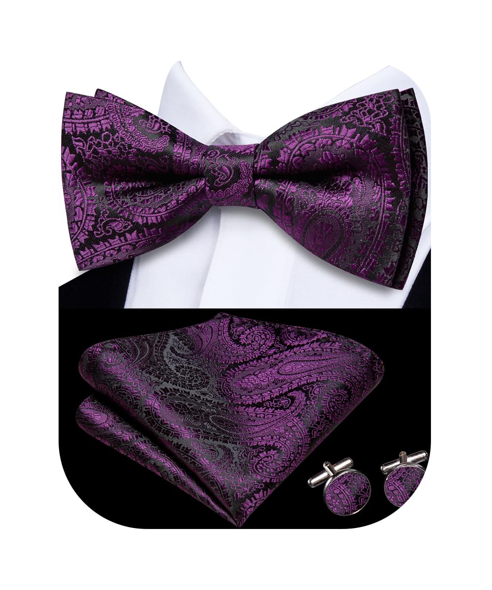 Dluxe Ave. Pre-Tied Bowties for Men Silk Bow Ties and Pocket Square Cufflinks Set Purple Black Paisley