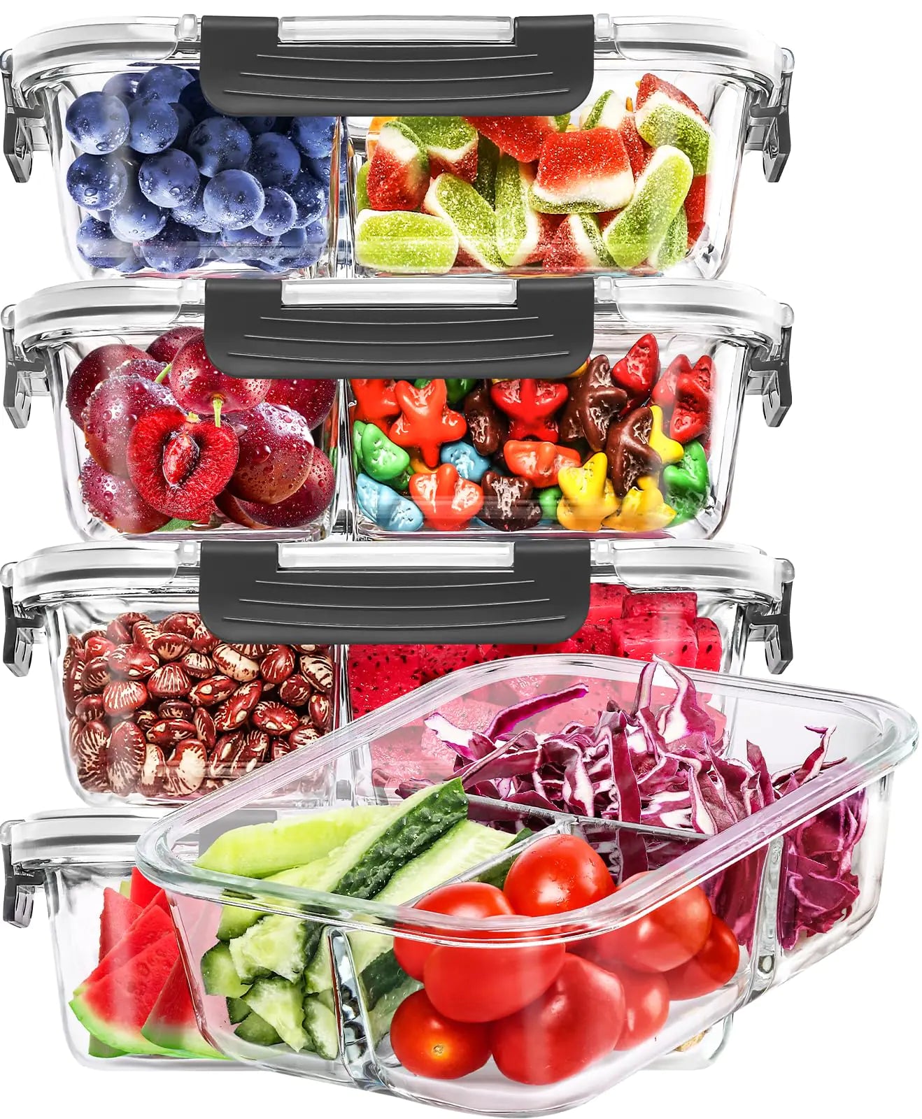 Dluxe Ave. 5-Packs 36OZ Glass Airtight Food Storage Containers/ 3 Compartments/ BPA Free