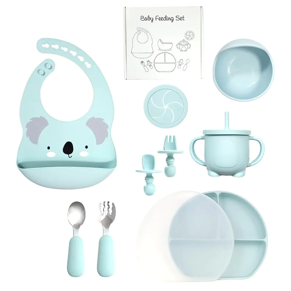 Dluxe Ave.Silicone Baby Feeding Set Baby Led Weaning Supplies with Suction Bowl Divided Plate Toddler Self Feeding Dish Set with Spoons Forks Sippy Cup Adjustable Bib Eating Utensils (Blue)