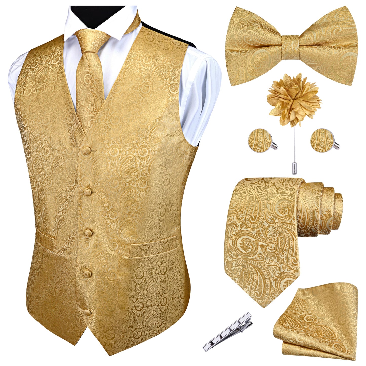 Dluxe Ave. (SMALL) Mens Tie and Bow Tie Suit Set/ Silk Waistcoat Necktie and Pocket Square Lapel Pin/Gold