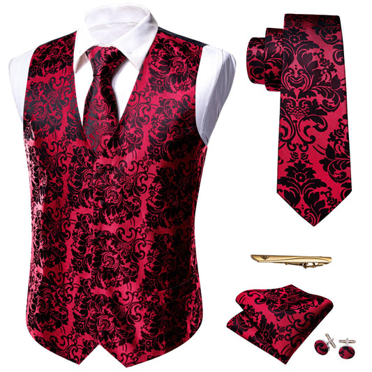 Dluxe Ave. (SMALL) Men Vest Matched Paisley Tie Set/ Waistcoat 5PCS/ Black Red