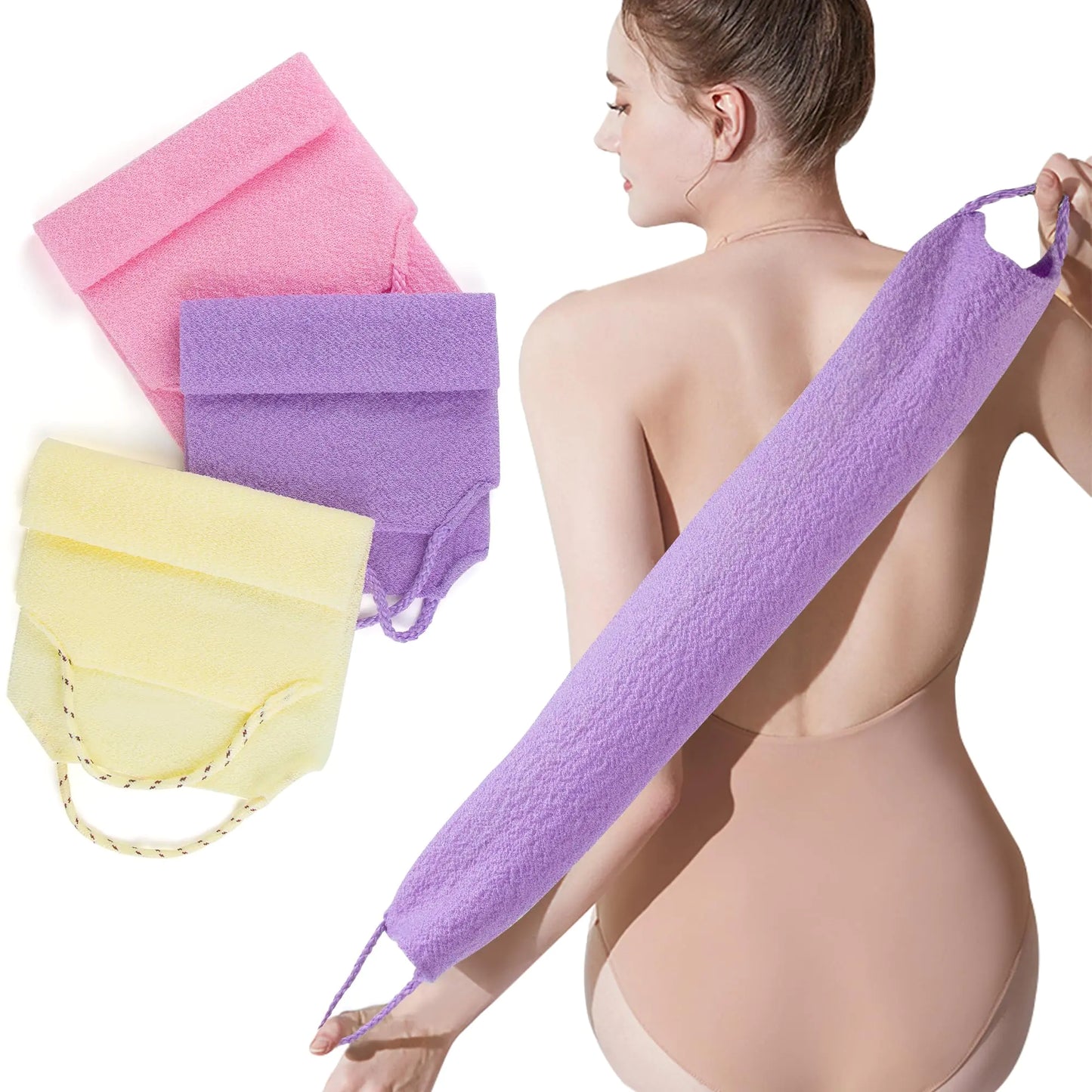 Dluxe Ave. Double-Sided Back Exfoliator Body Scrub Towel, with Handles/ 3 Pcs (BeigePinkPurple)