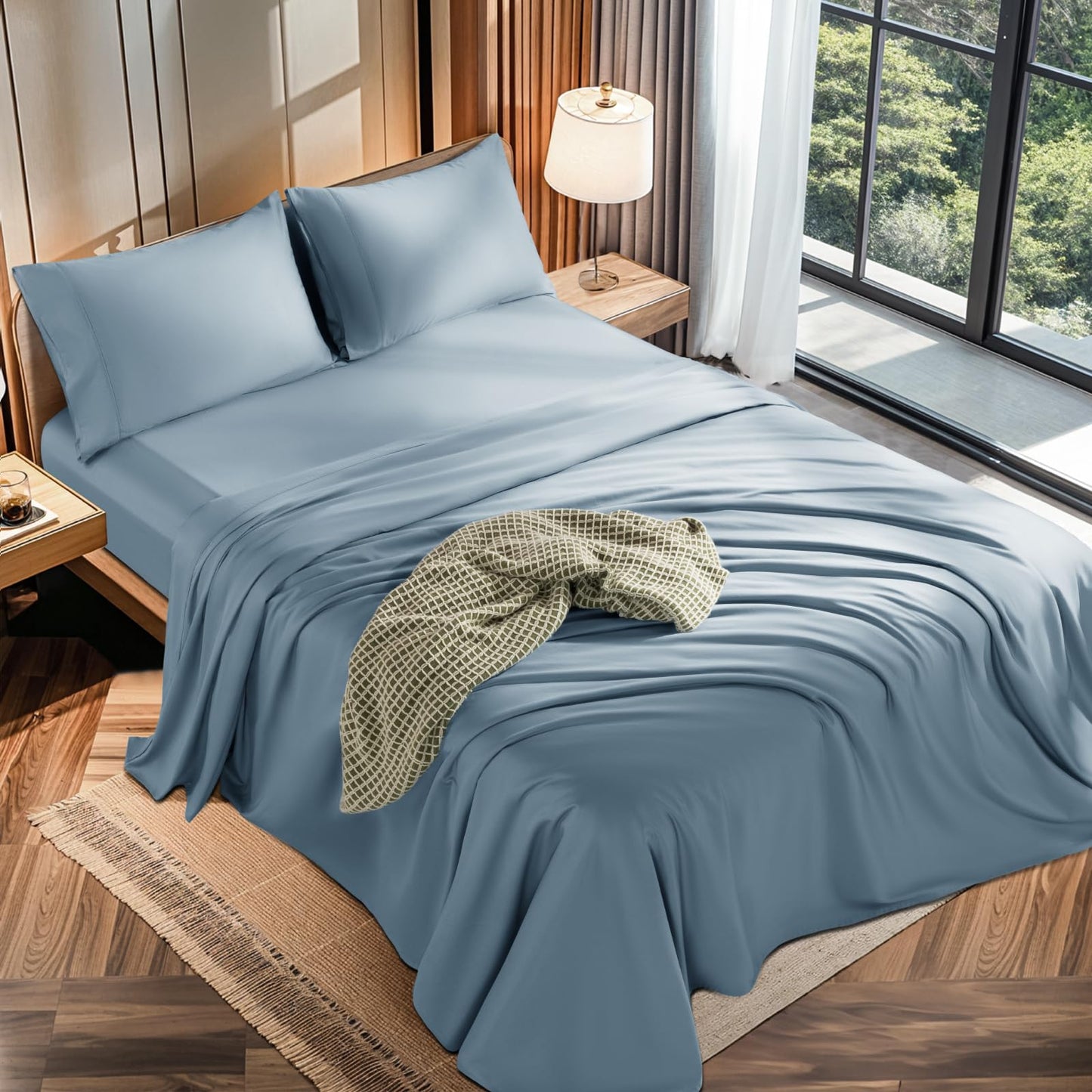 Dluxe Ave. ( CALI./ KING ) 4 Pcs 100% Cotton 1200 Thread Count Sheet Set, 16 inches Deep Pocket,  French Blue