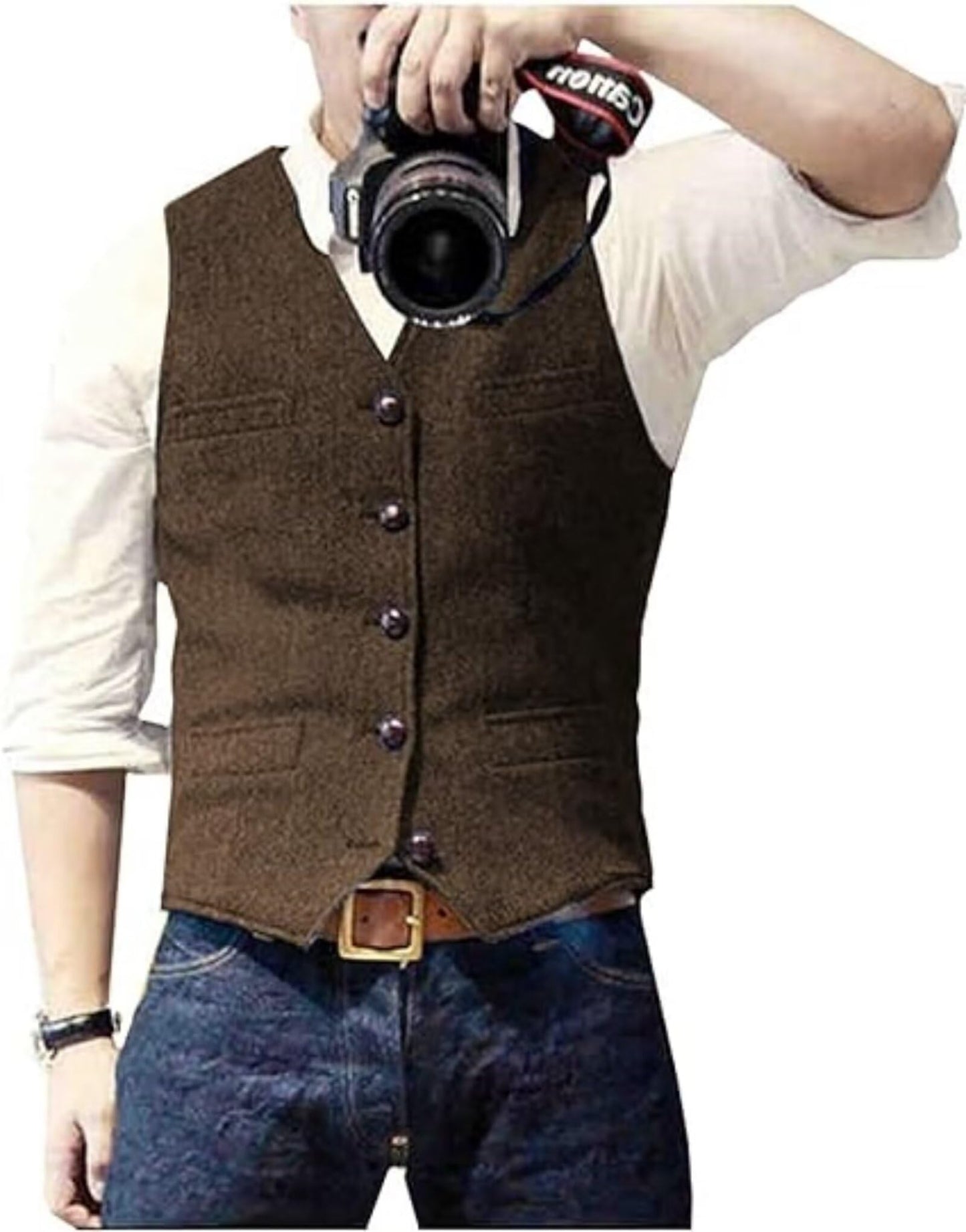 Dluxe Ave. (3X- LARGE) Mens Suit Vests/ Wool Tweed/ V Neck Slim Fit/ Waistcoat/ Coffee